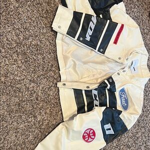 Fashion Nova Cream and Black Moto Jacket